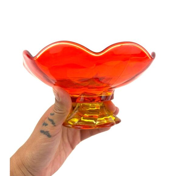 VTG Amberina Glass Footed Orange Yellow Ruffle Candy Dish Taper Candle Holder - Picture 6 of 11